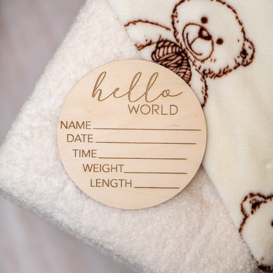 Hello World Birth Sign – Round Script