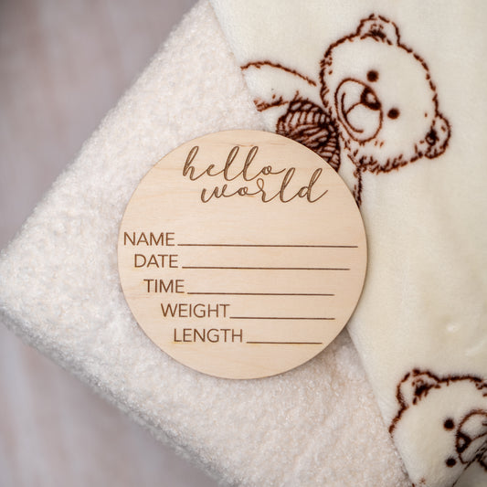 Hello World Birth Sign – Round Handwritten